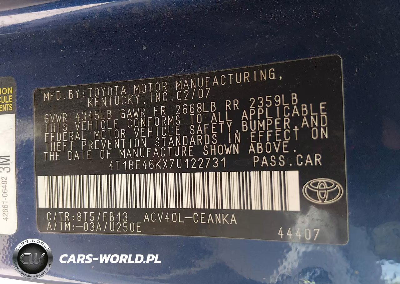 2007 Toyota Camry Le VIN:4T1BE46KX7U122731 - 9