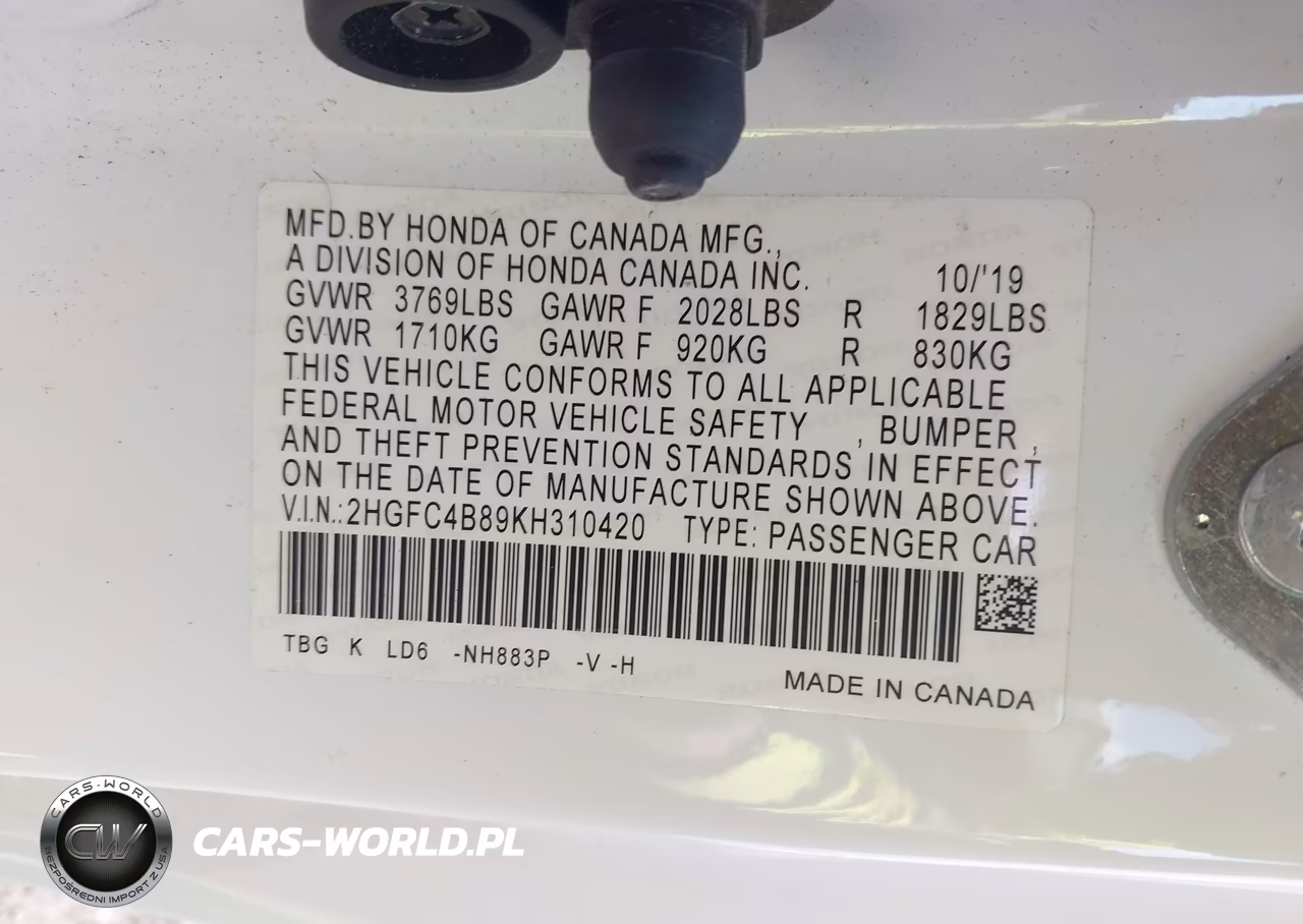 2019 Honda Civic Sport VIN:2HGFC4B89KH310420 - 9