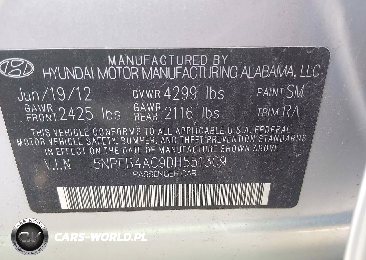 2013 Hyundai Sonata Gls VIN:5NPEB4AC9DH551309 - 9