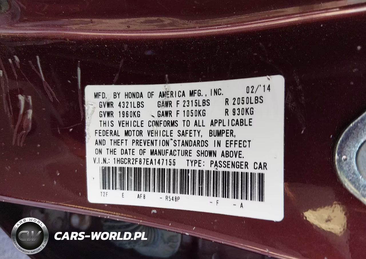 2014 Honda Accord Ex-L VIN:1HGCR2F87EA147155 - 9