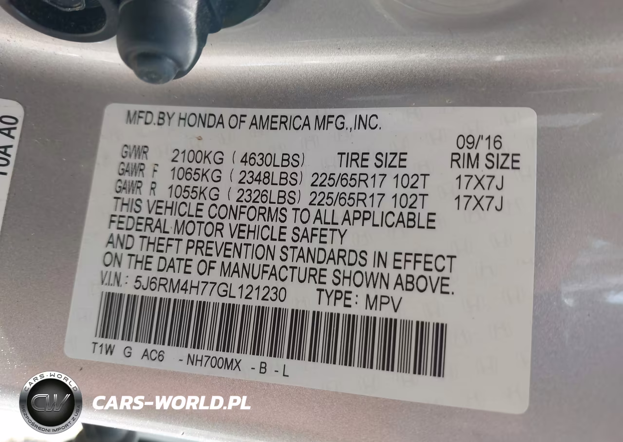 2016 Honda Cr-V Ex-L VIN:5J6RM4H77GL121230 - 9