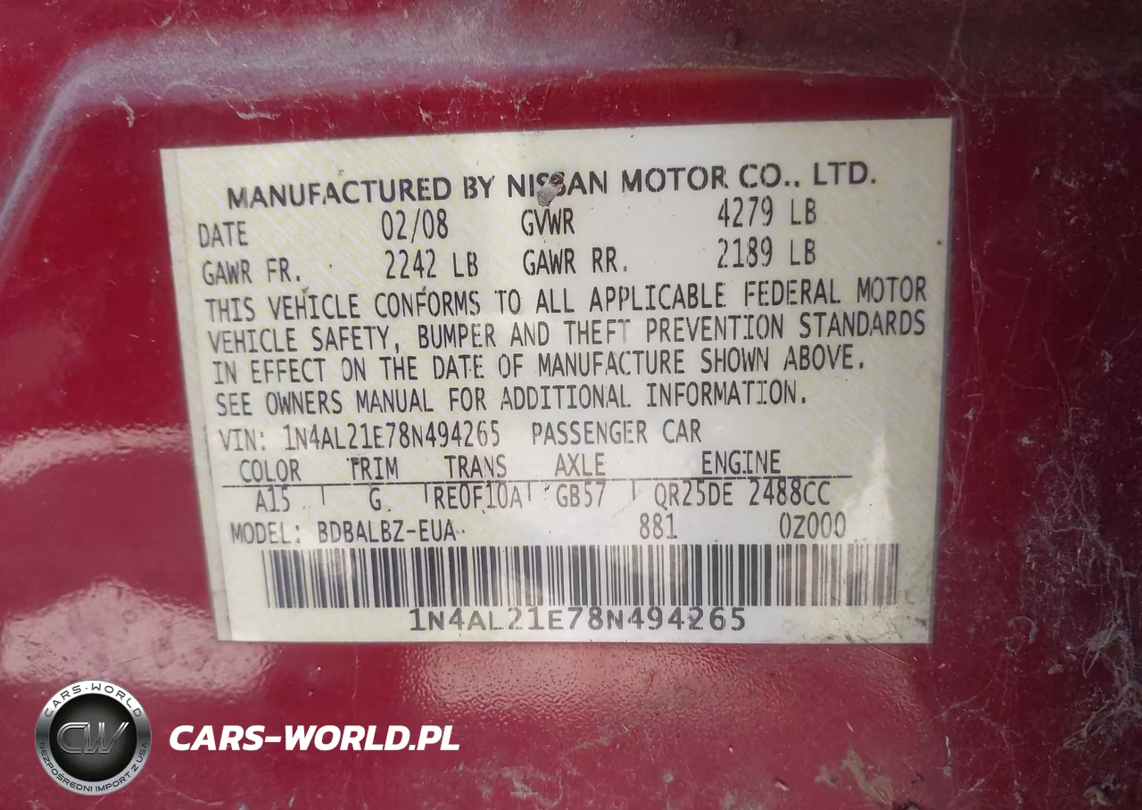 2008 Nissan Altima 2.5 S VIN:1N4AL21E78N494265 - 9
