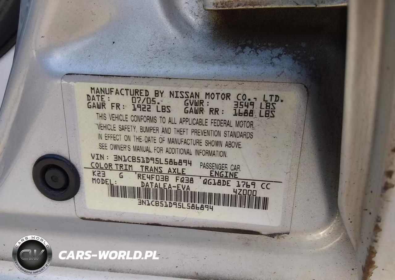 2005 Nissan Sentra 1.8S VIN:3N1CB51D95L586894 - 9