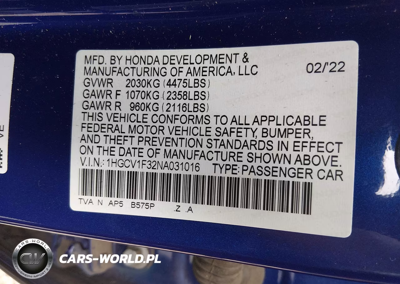 2022 Honda Accord Sport VIN:1HGCV1F32NA031016 - 9