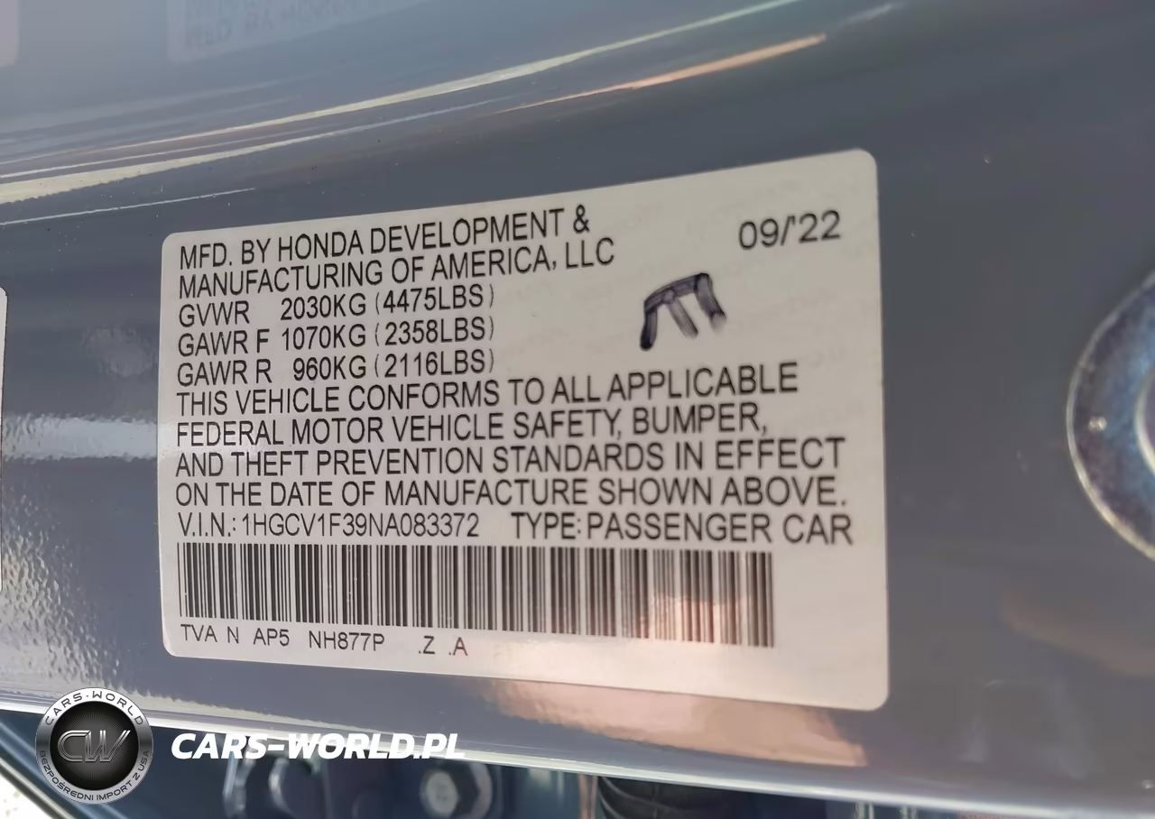 2022 Honda Accord Sport VIN:1HGCV1F39NA083372 - 9