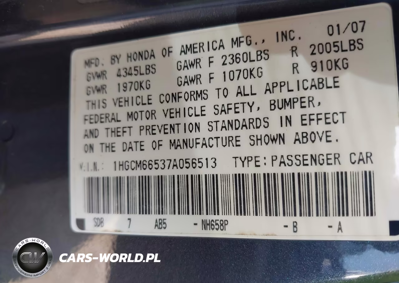 2007 Honda Accord 3.0 Ex VIN:1HGCM66537A056513 - 9