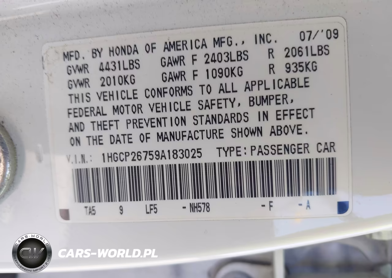 2009 Honda Accord 2.4 Ex VIN:1HGCP26759A183025 - 9