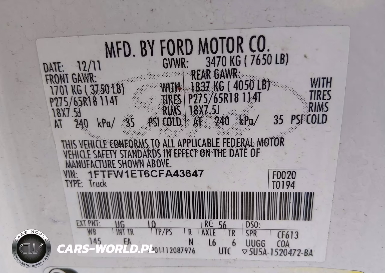 2012 Ford F-150 Lariat VIN:1FTFW1ET6CFA43647 - 9