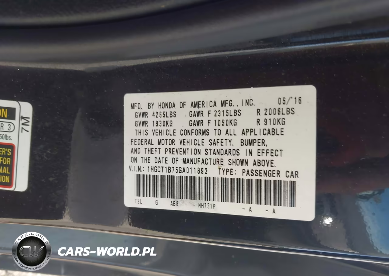 2016 Honda Accord Ex VIN:1HGCT1B75GA011893 - 9