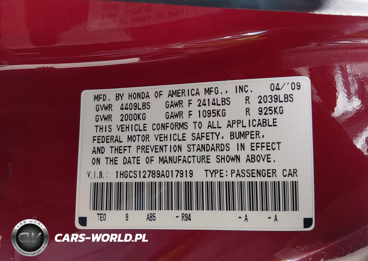 2009 Honda Accord 2.4 Ex VIN:1HGCS12789A017919 - 9