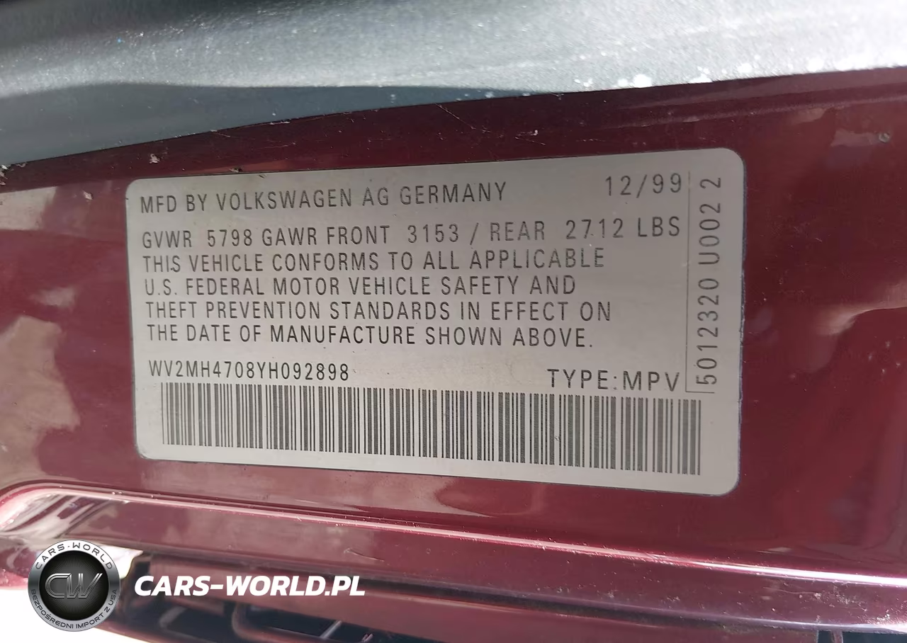 2000 Volkswagen Eurovan Mv VIN:WV2MH4708YH092898 - 9