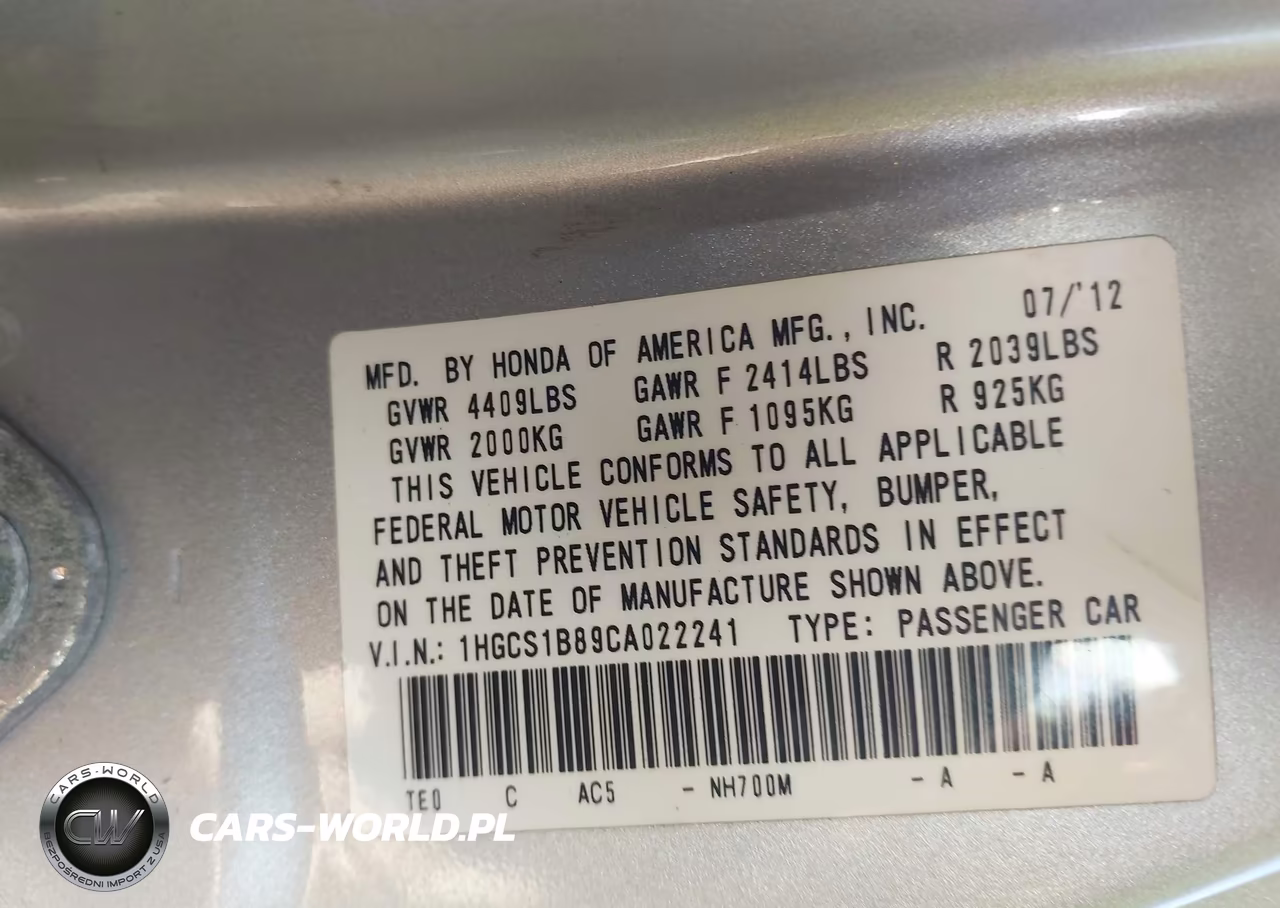 2012 Honda Accord 2.4 Ex-L VIN:1HGCS1B89CA022241 - 9