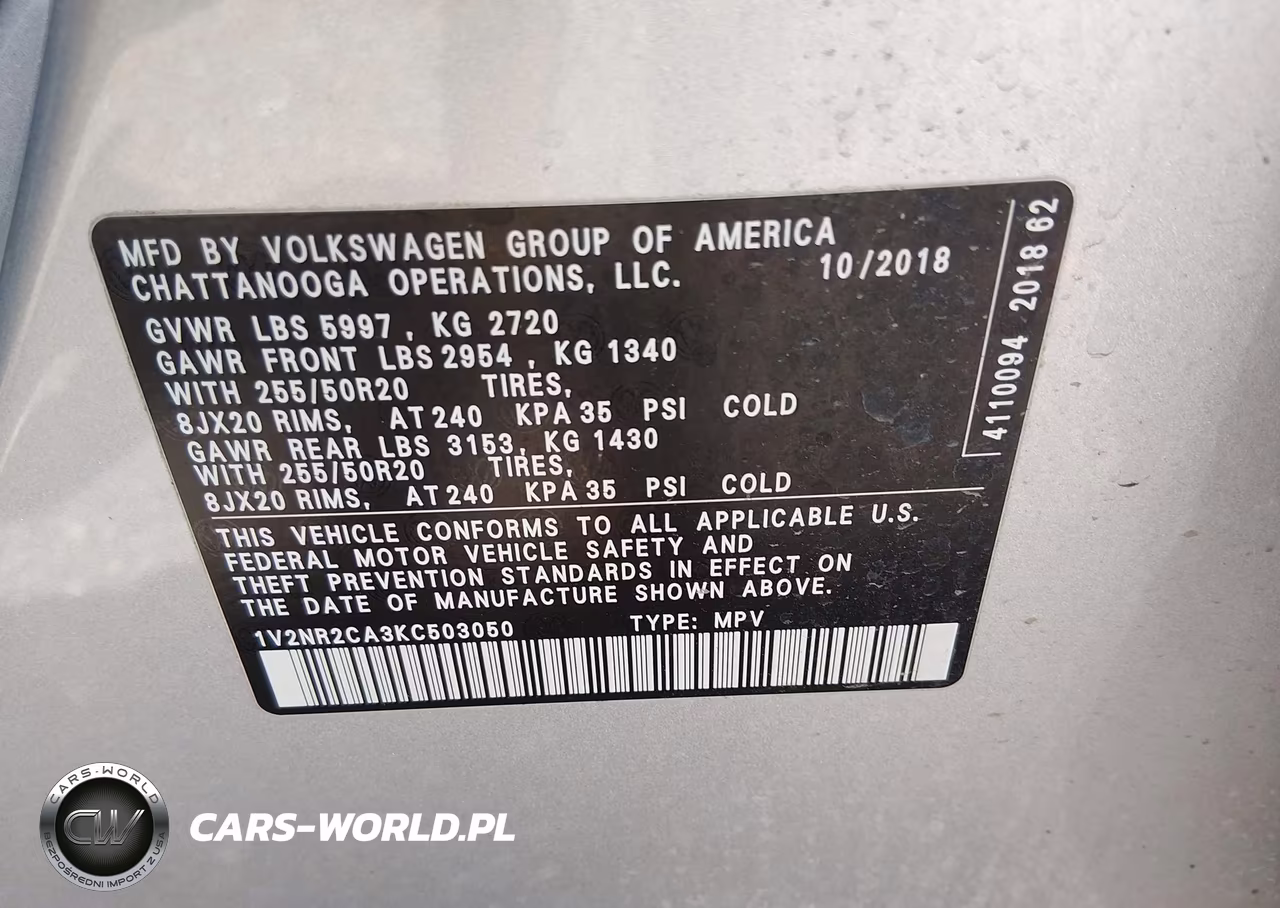 2019 Volkswagen Atlas 3.6L V6 Sel Premium VIN:1V2NR2CA3KC503050 - 9