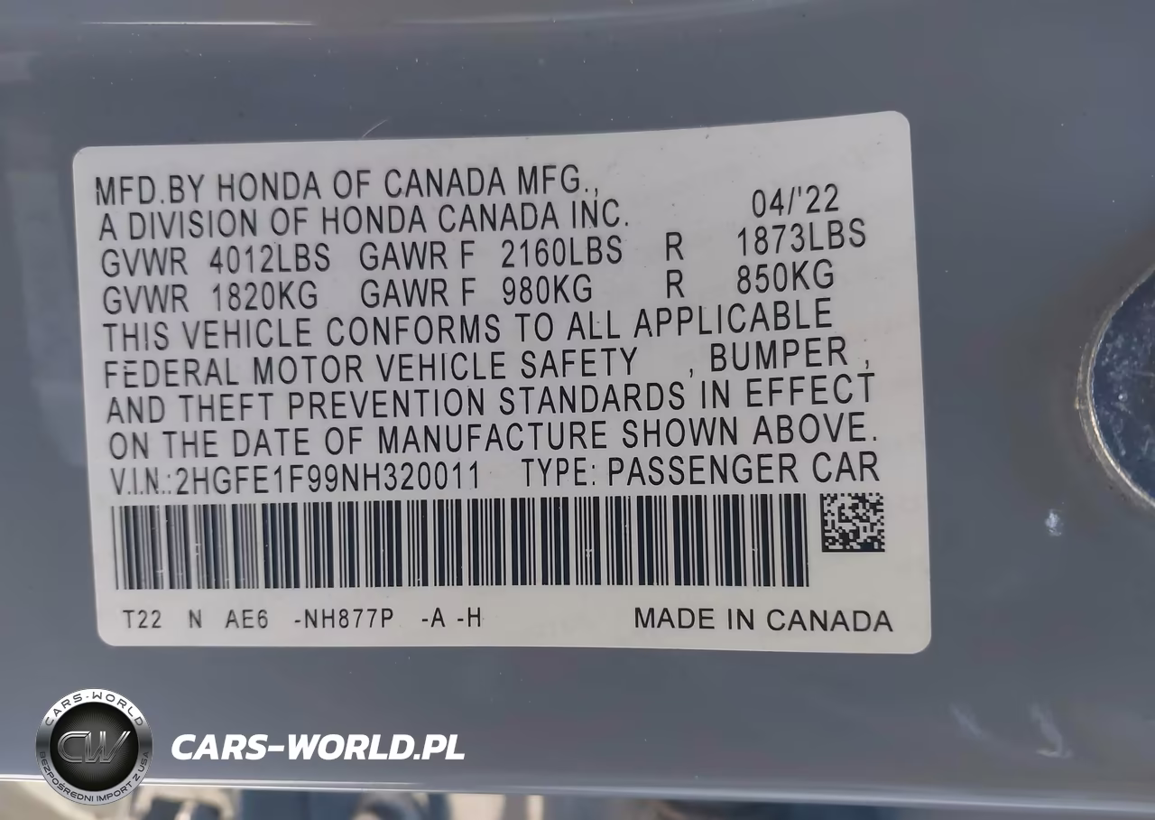 2022 Honda Civic Touring VIN:2HGFE1F99NH320011 - 9
