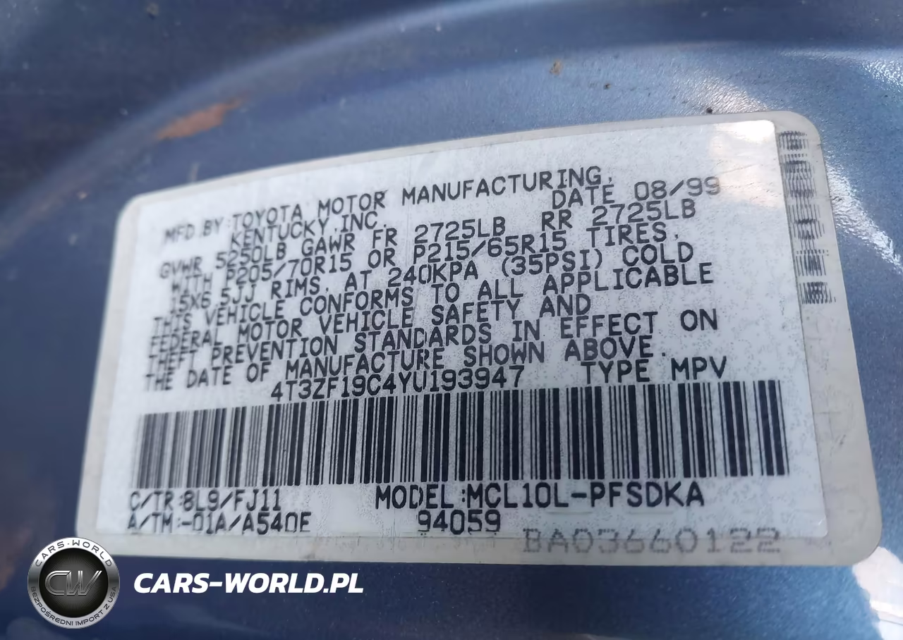 2000 Toyota Sienna Ce VIN:4T3ZF19C4YU193947 - 9