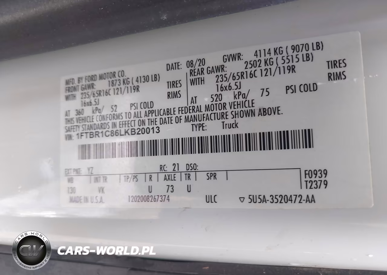 2020 Ford Transit-250 VIN:1FTBR1C86LKB20013 - 9