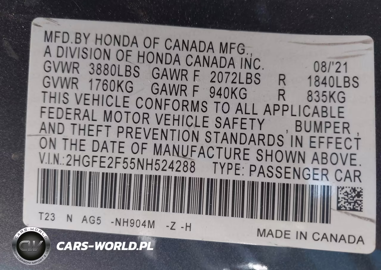 2022 Honda Civic Sport VIN:2HGFE2F55NH524288 - 9