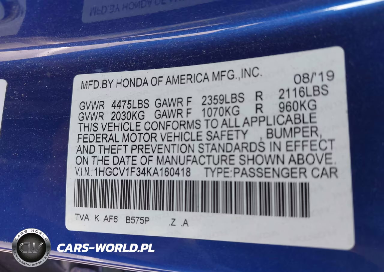 2019 Honda Accord Sport VIN:1HGCV1F34KA160418 - 8