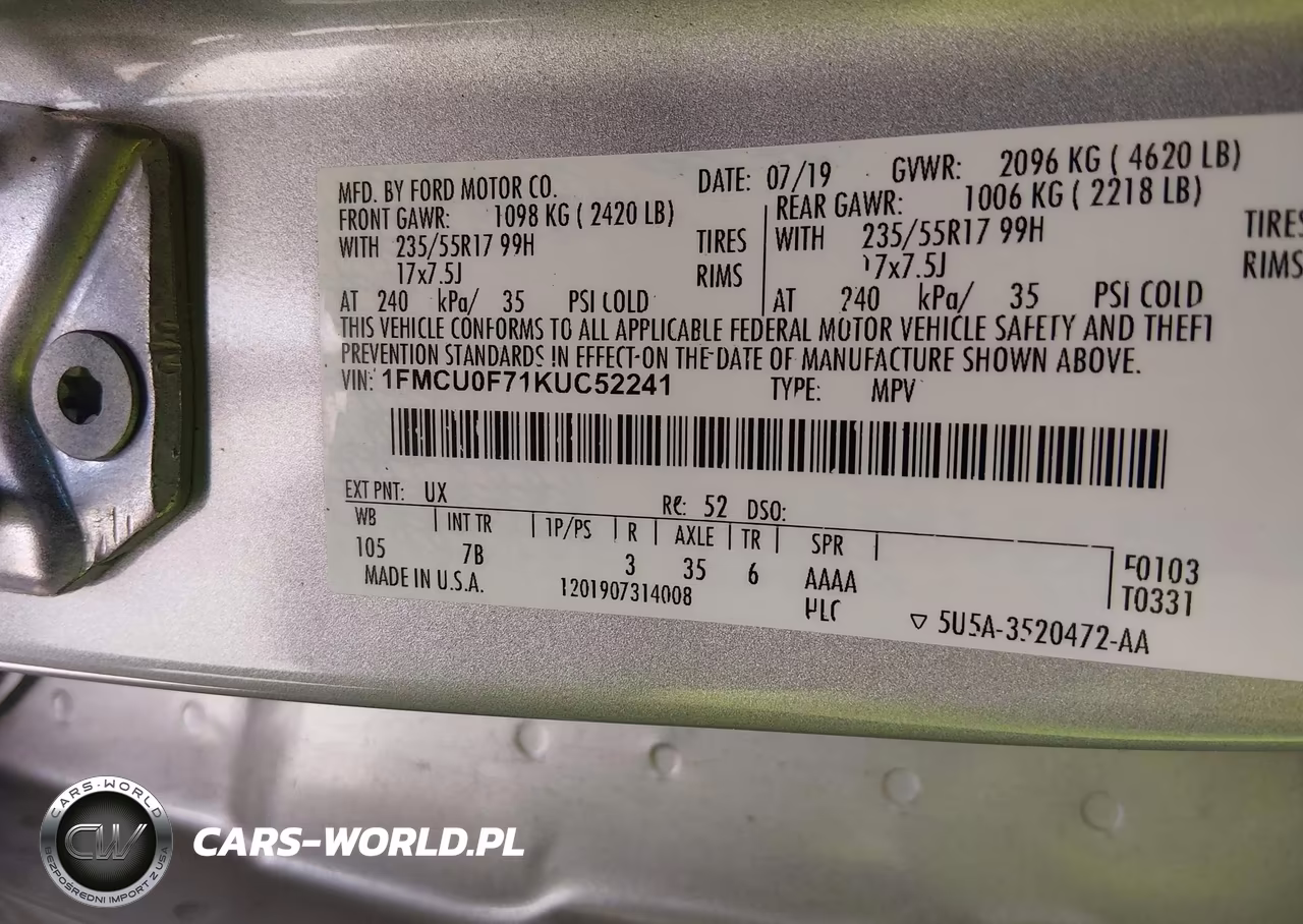 2019 Ford Escape S VIN:1FMCU0F71KUC52241 - 9