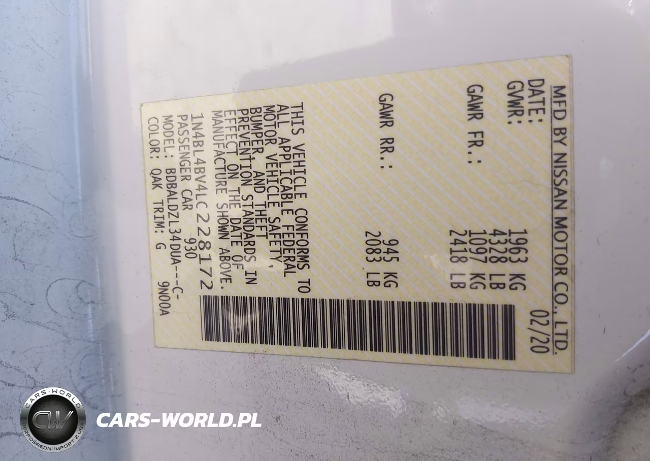 2020 Nissan Altima S Fwd VIN:1N4BL4BV4LC228172 - 9