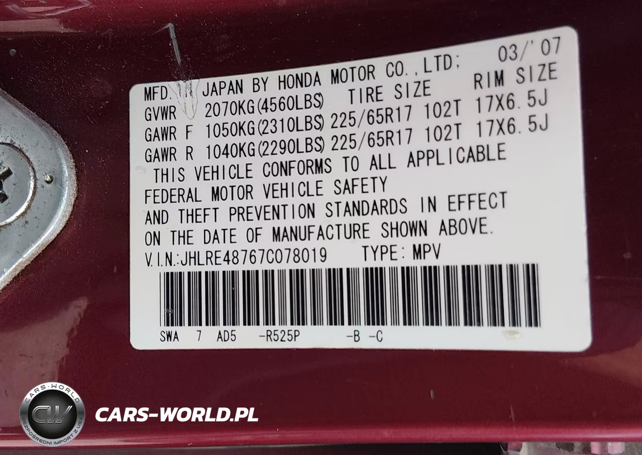 2007 Honda Cr-V Ex-L VIN:JHLRE48767C078019 - 9