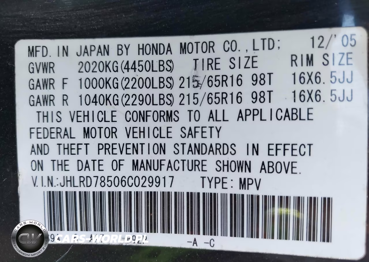 2006 Honda Cr-V Lx VIN:JHLRD78506C029917 - 9