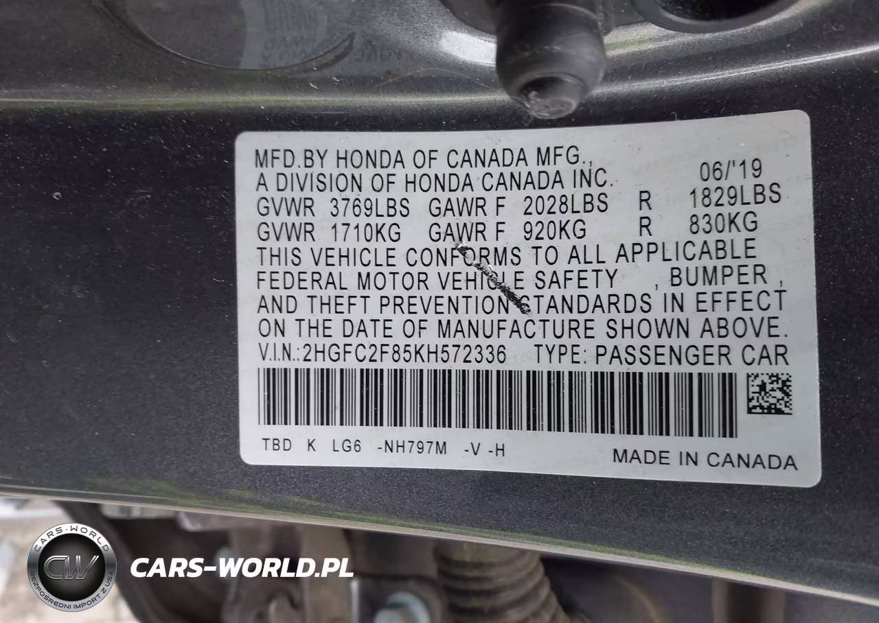 2019 Honda Civic Sport VIN:2HGFC2F85KH572336 - 9