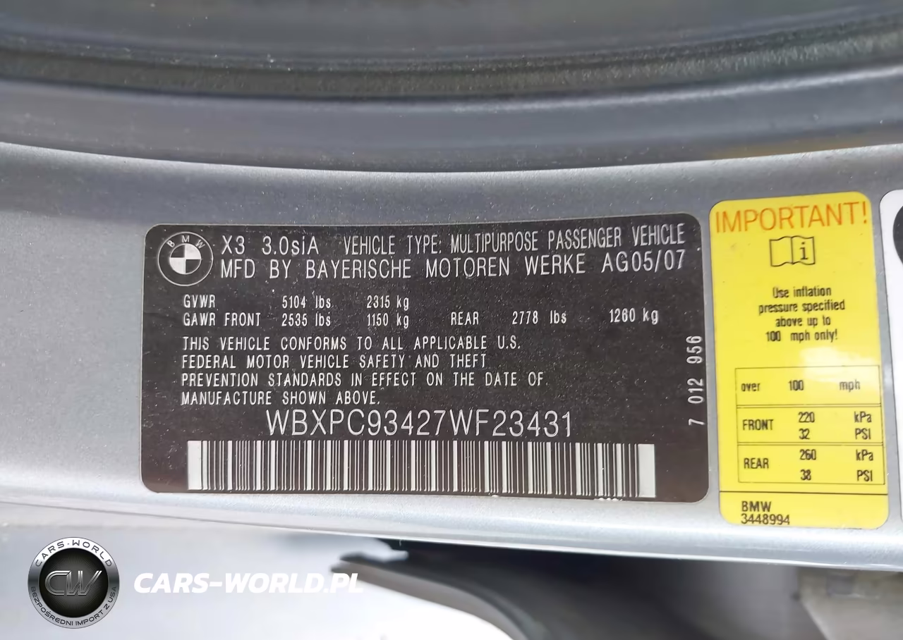 2007 BMW X3 3.0Si VIN:WBXPC93427WF23431 - 9