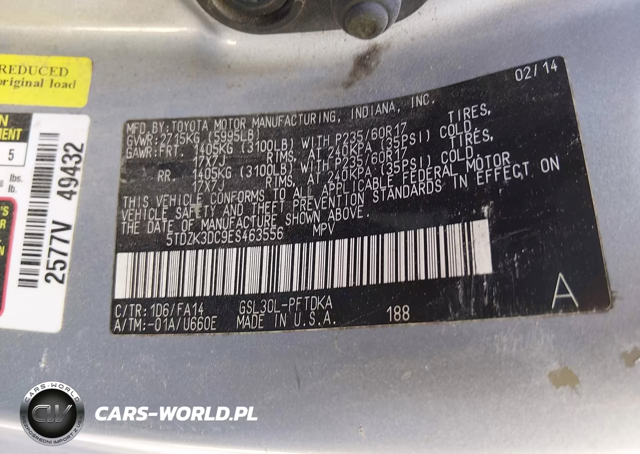 2014 Toyota Sienna L V6 7 Passenger VIN:5TDZK3DC9ES463556 - 9
