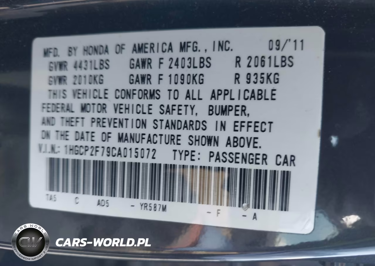 2012 Honda Accord 2.4 Ex VIN:1HGCP2F79CA015072 - 9