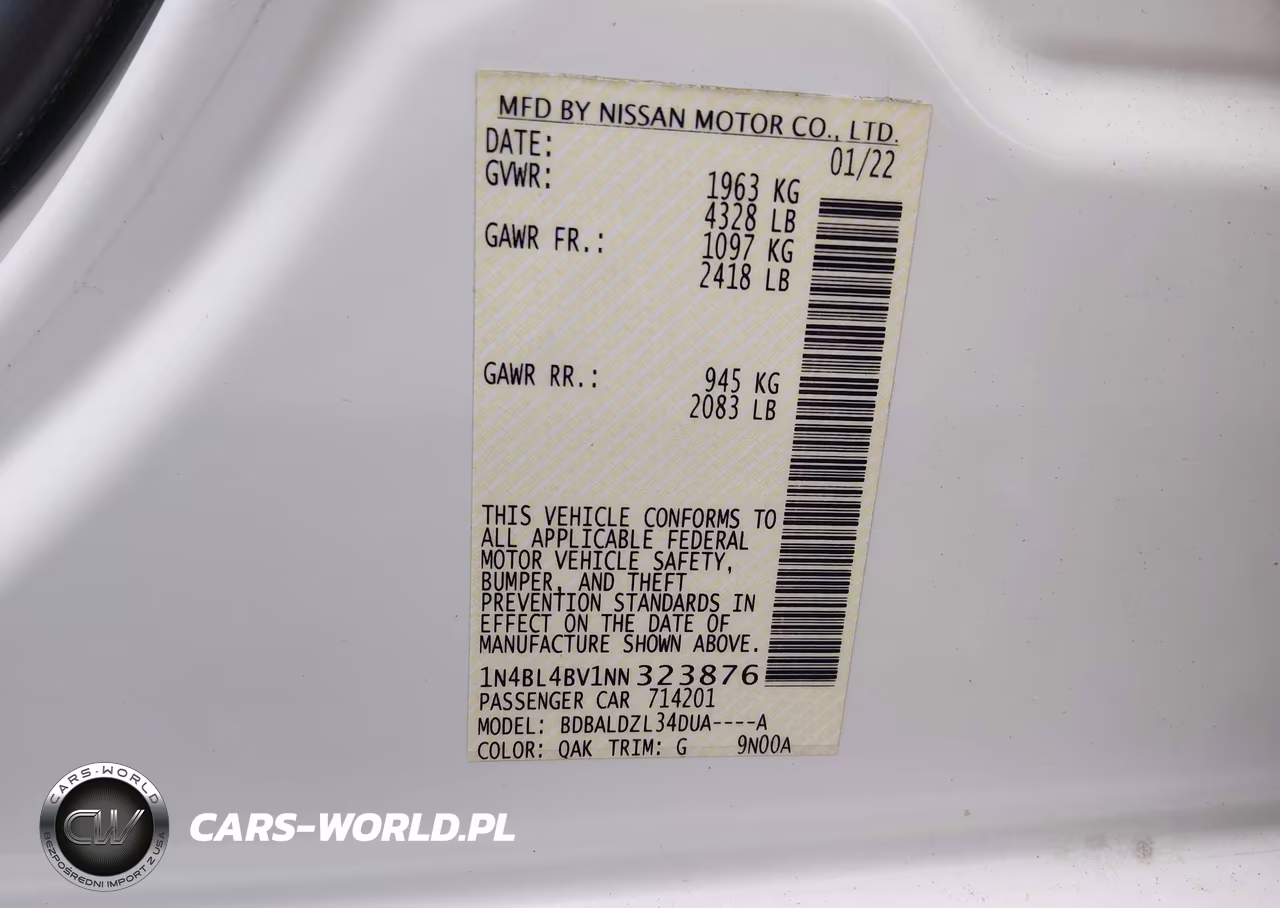 2022 Nissan Altima S Fwd VIN:1N4BL4BV1NN323876 - 9