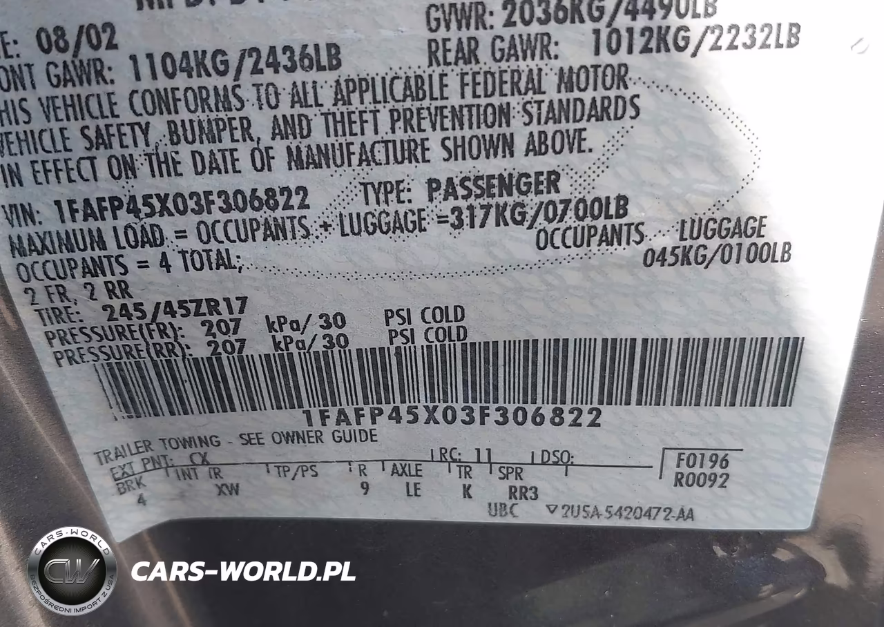 2003 Ford Mustang Gt VIN:1FAFP45X03F306822 - 9