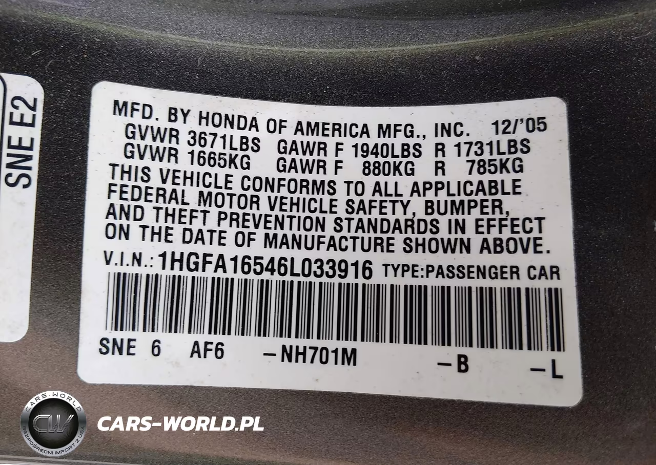 2006 Honda Civic Lx VIN:1HGFA16546L033916 - 9