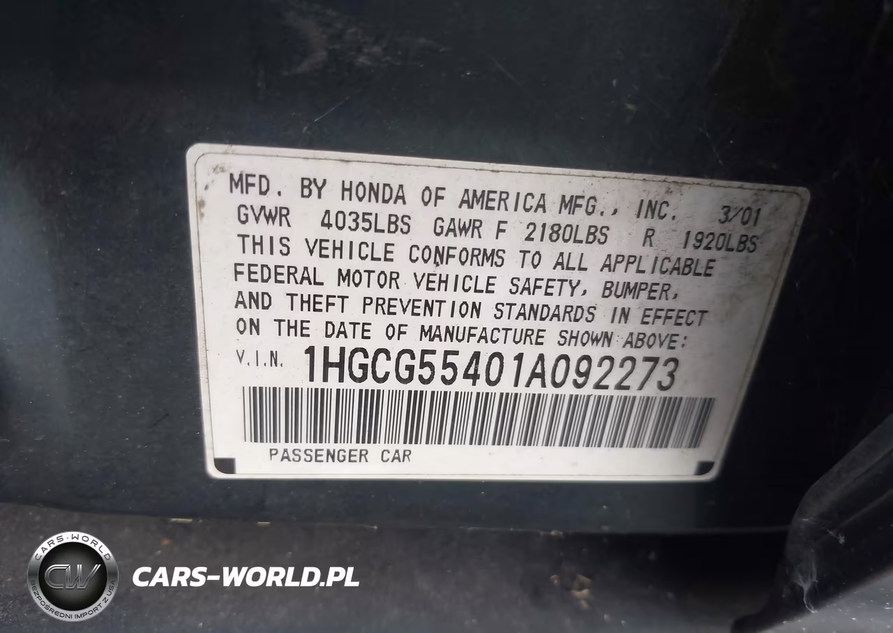 2001 Honda Accord 2.3 Lx VIN:1HGCG55401A092273 - 9