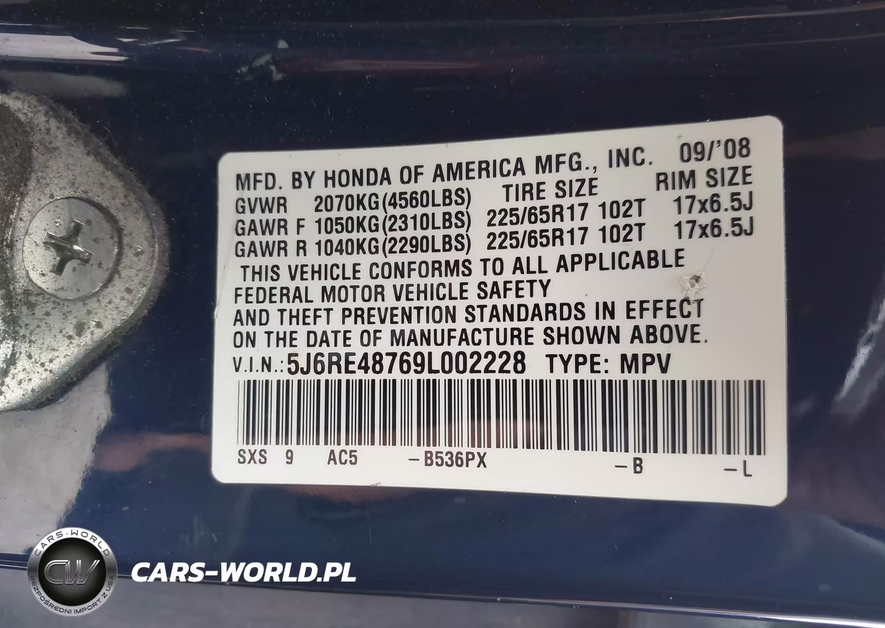 2009 Honda Cr-V Ex-L VIN:5J6RE48769L002228 - 9