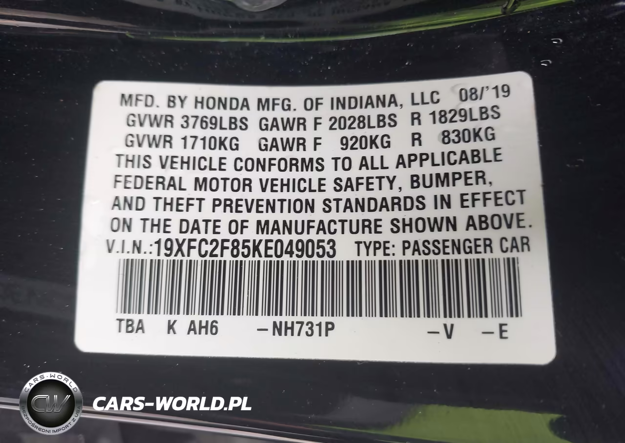 2019 Honda Civic Sport VIN:19XFC2F85KE049053 - 9