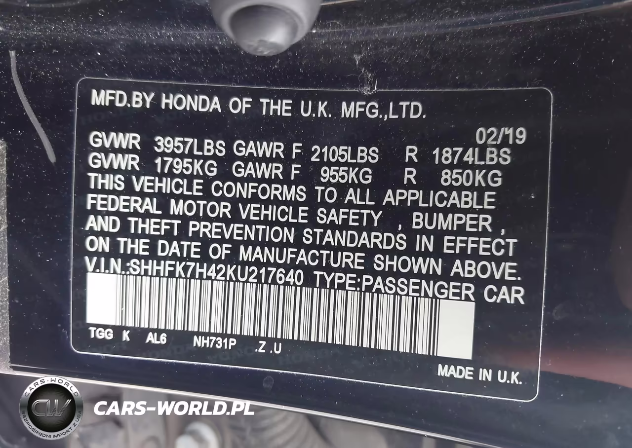 2019 Honda Civic Sport VIN:SHHFK7H42KU217640 - 9