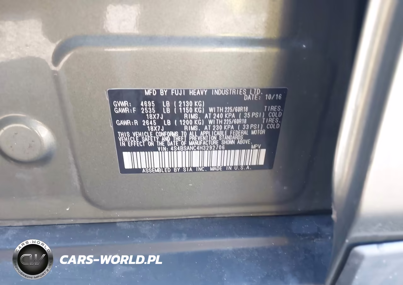 2017 Subaru Outback 2.5I Limited VIN:4S4BSANC4H3292706 - 9