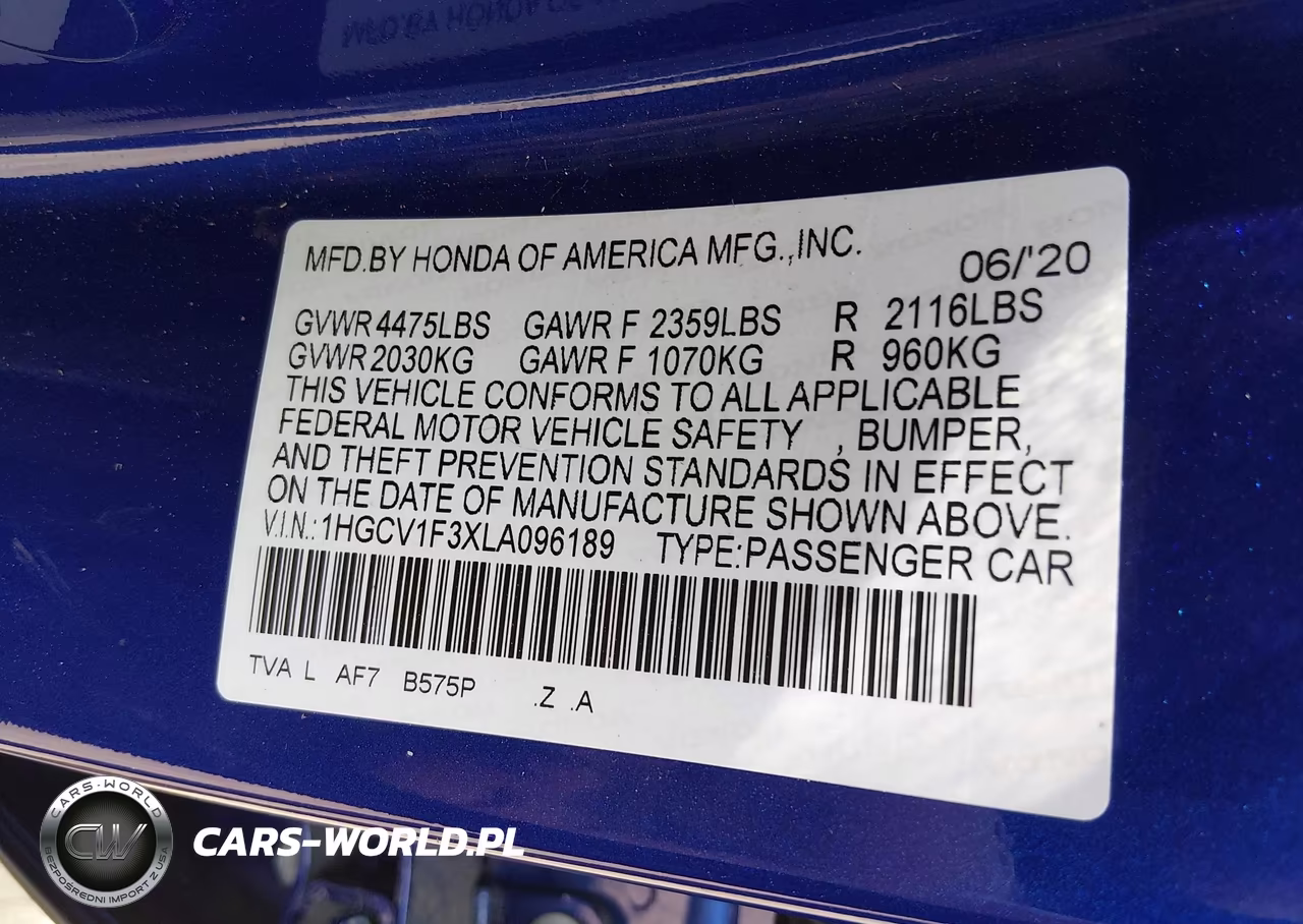 2020 Honda Accord Sport VIN:1HGCV1F3XLA096189 - 9