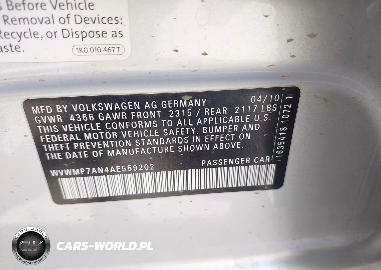 2010 Volkswagen Cc Sport VIN:WVWMP7AN4AE559202 - 9