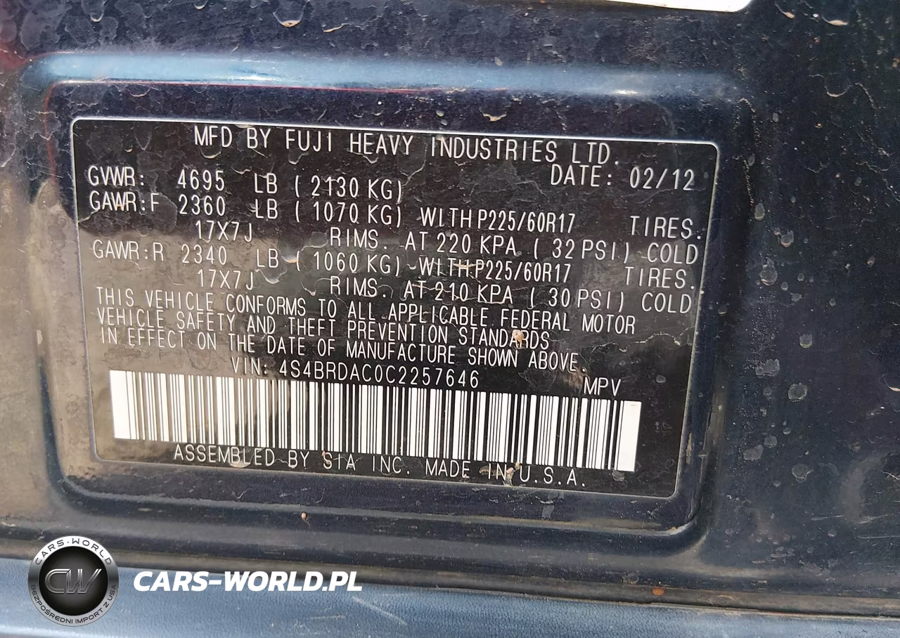 2012 Subaru Outback 3.6R VIN:4S4BRDAC0C2257646 - 9
