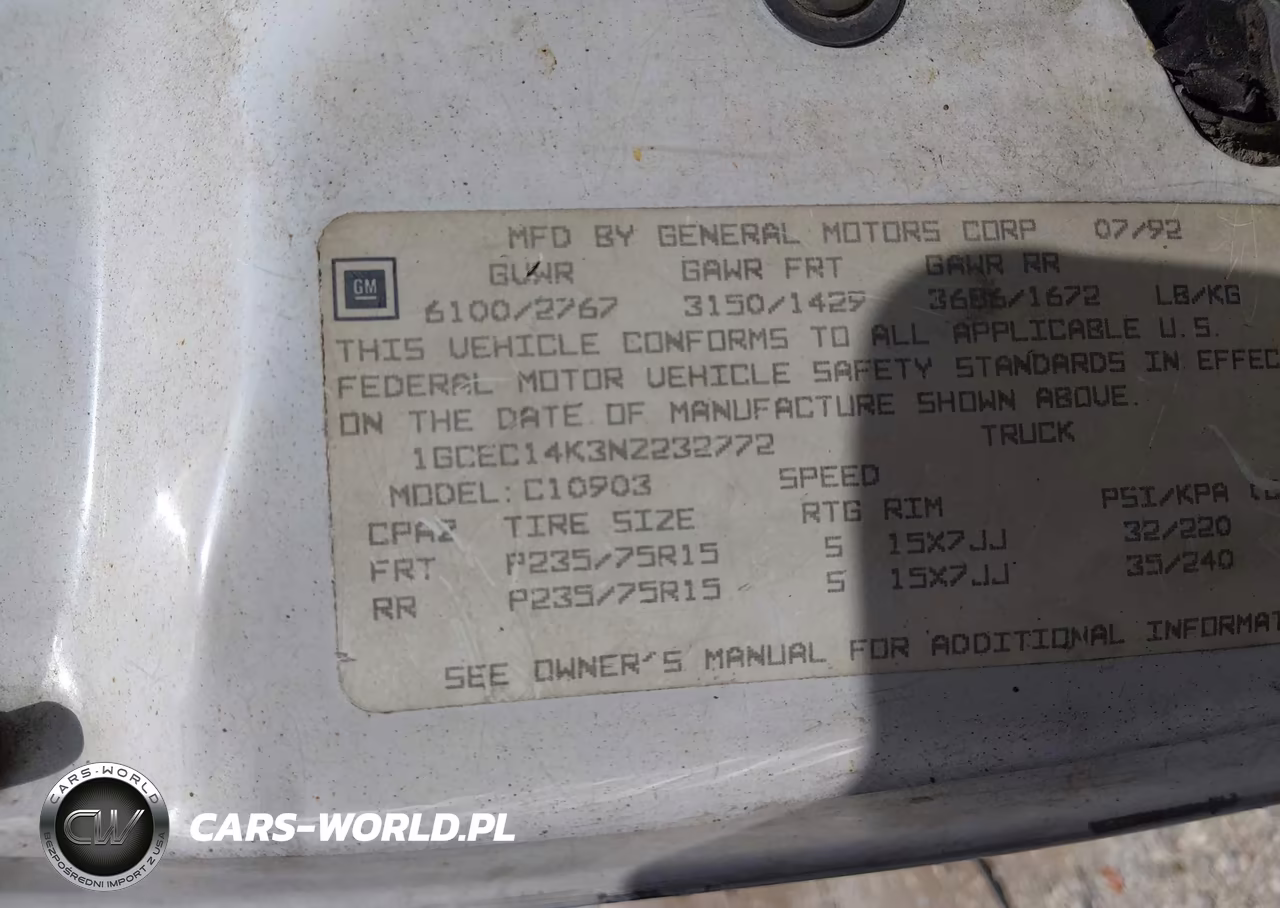1992 Chevrolet Gmt-400 C1500 VIN:1GCEC14K3NZ232772 - 9