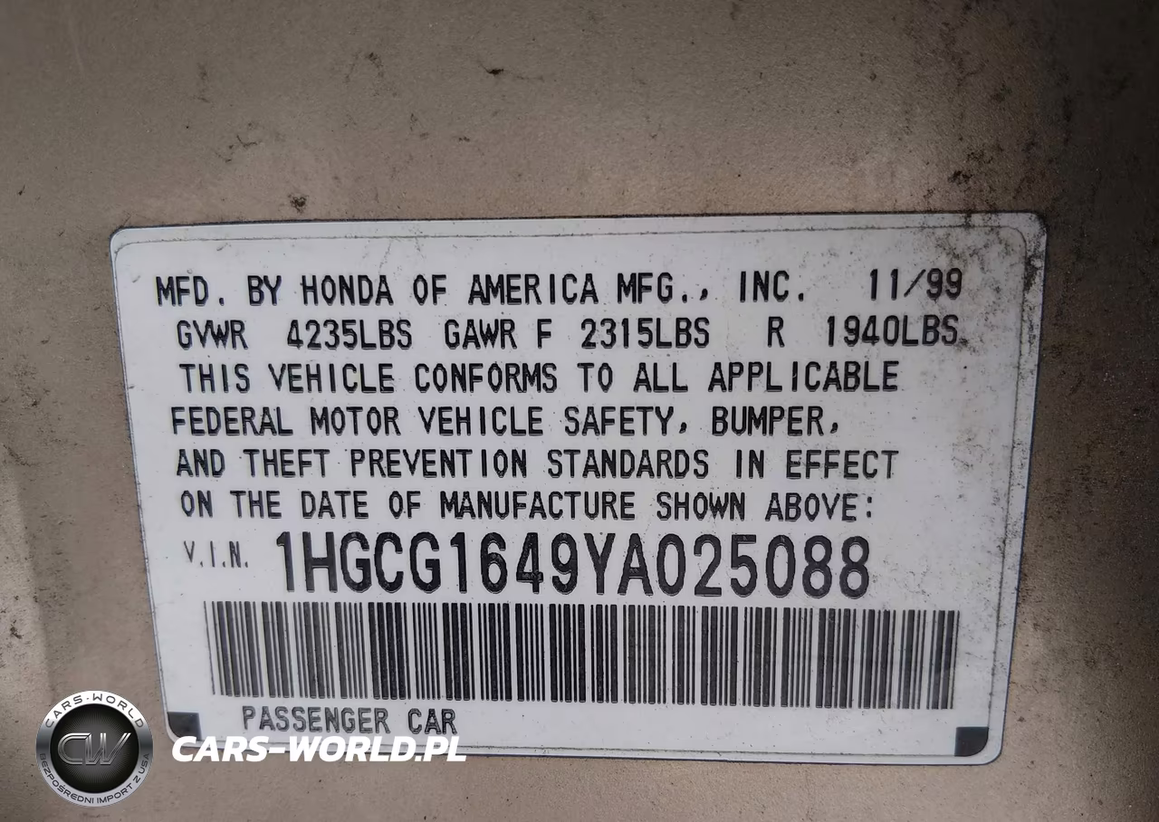 2000 Honda Accord 3.0 Lx VIN:1HGCG1649YA025088 - 9