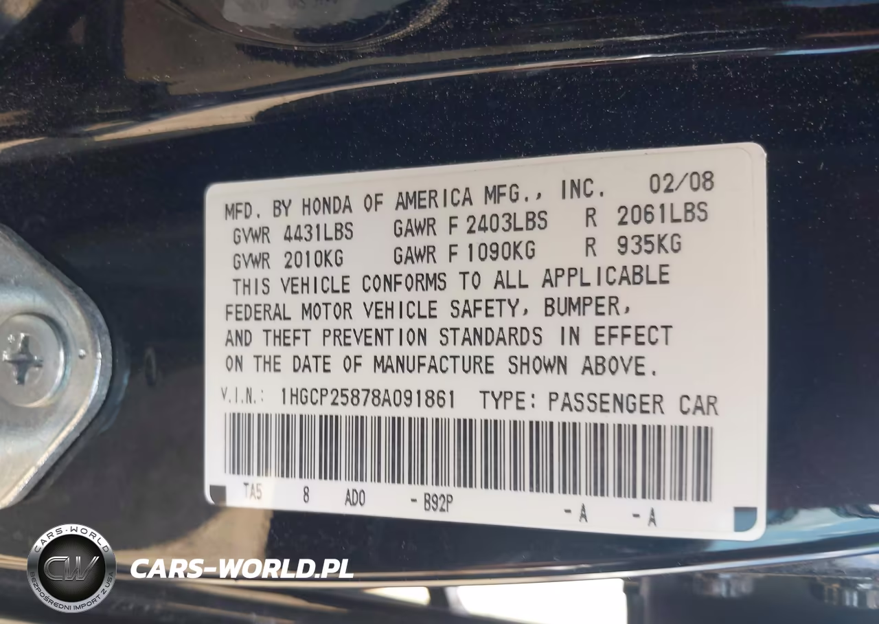 2008 Honda Accord 2.4 Ex-L VIN:1HGCP25878A091861 - 9