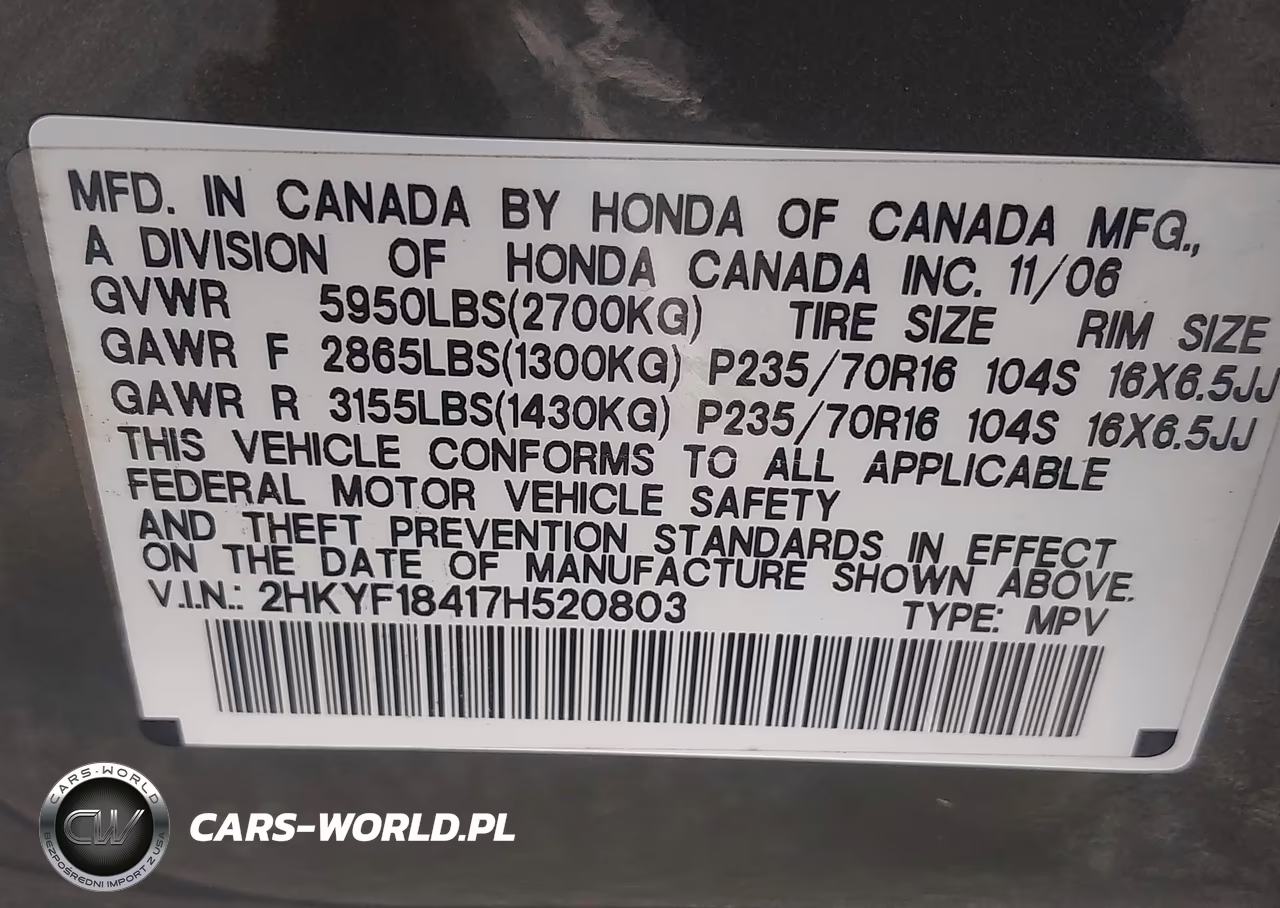 2007 Honda Pilot Ex VIN:2HKYF18417H520803 - 9