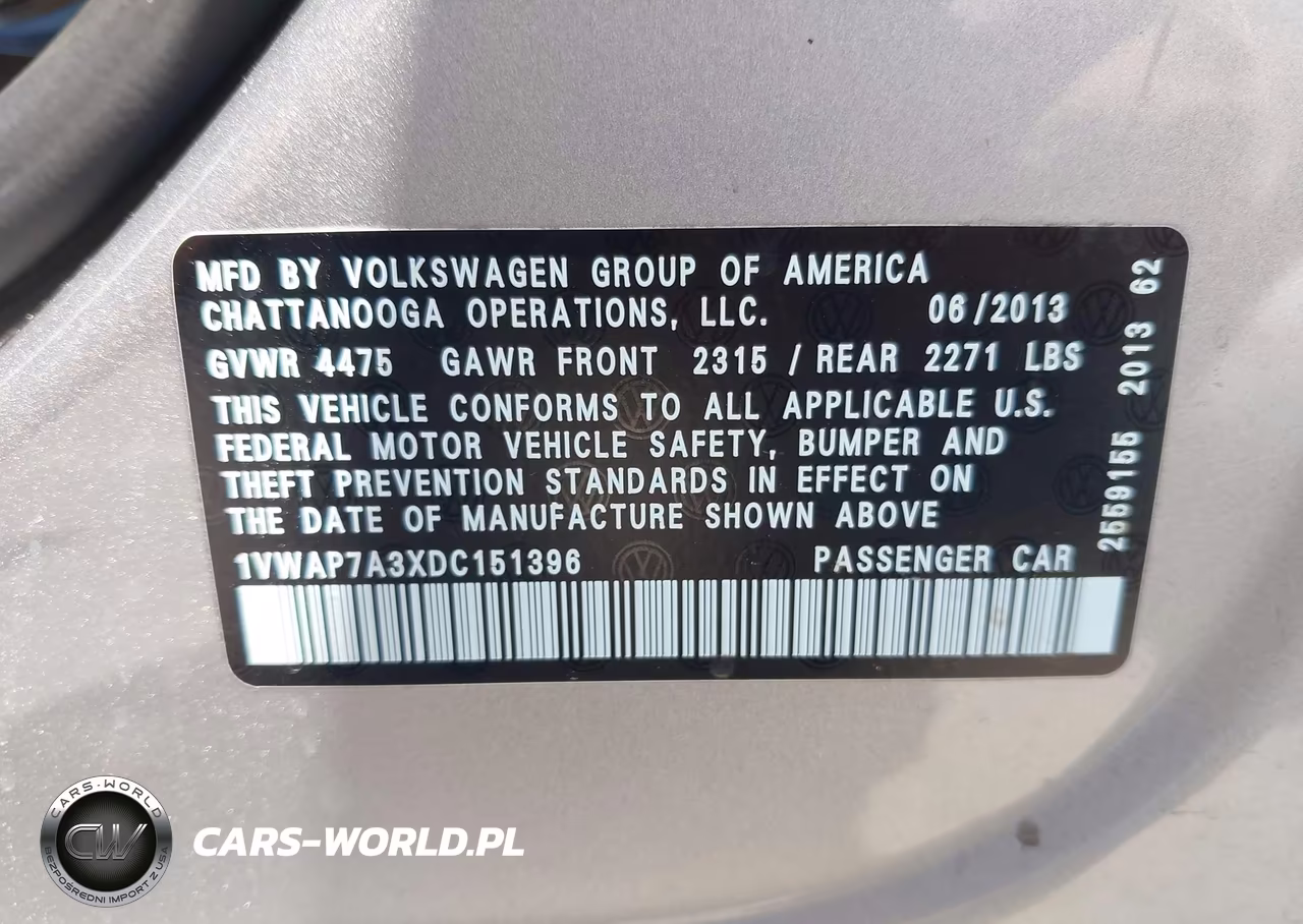 2013 Volkswagen Passat 2.5L S VIN:1VWAP7A3XDC151396 - 9
