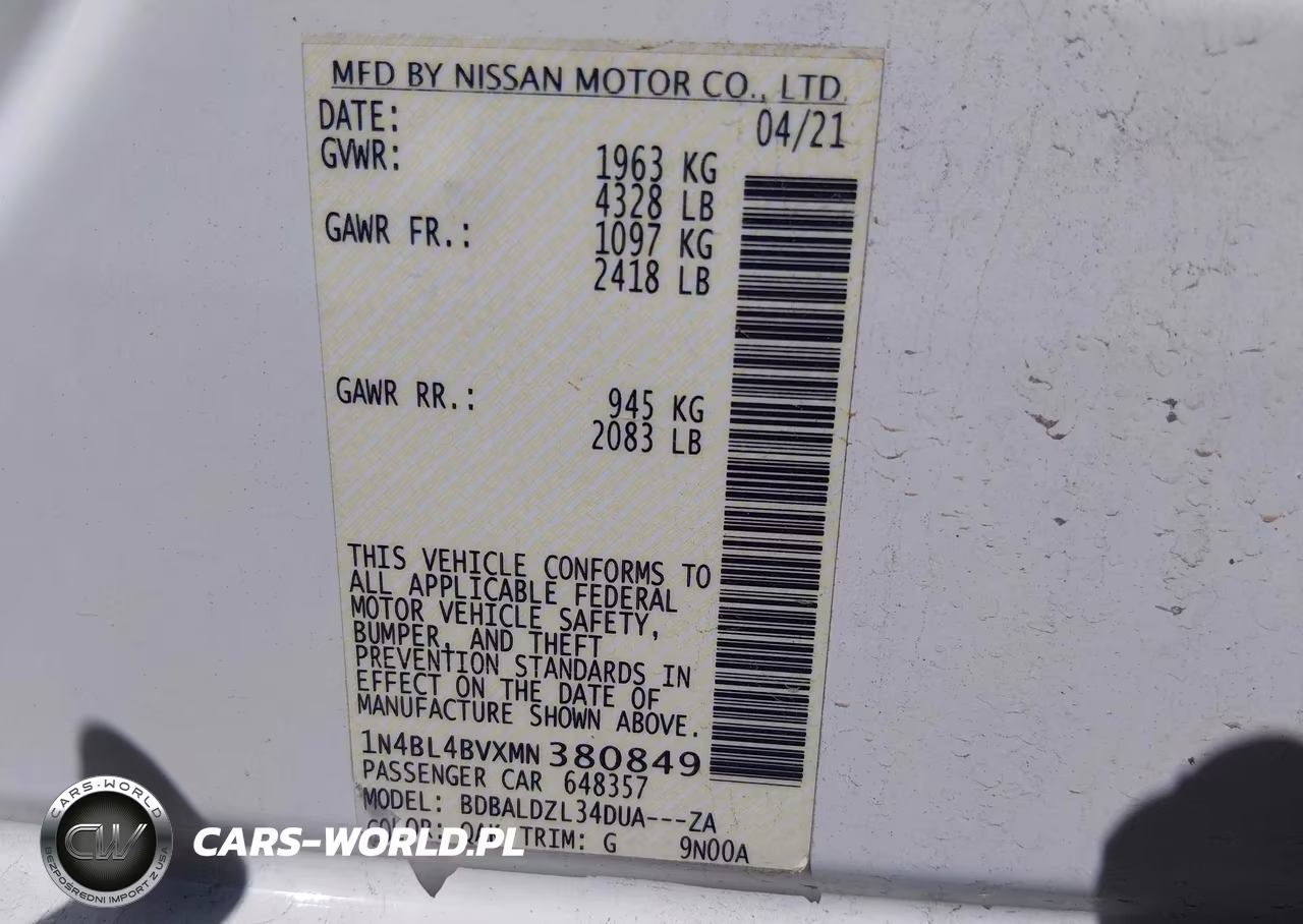 2021 Nissan Altima S Fwd VIN:1N4BL4BVXMN380849 - 9