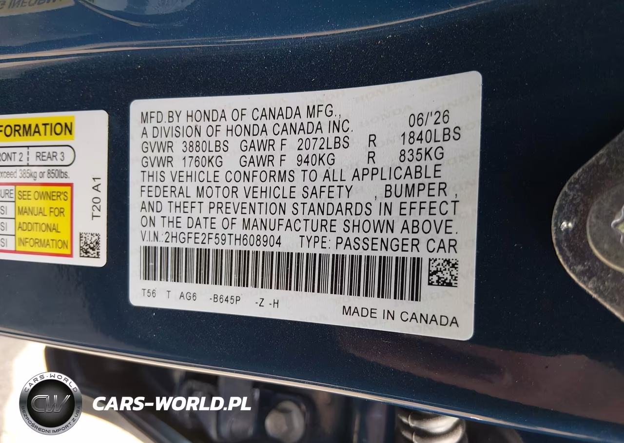 2026 Honda Civic Sport VIN:2HGFE2F59TH608904 - 9