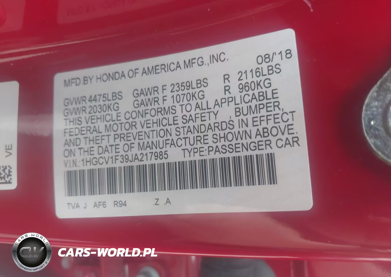 2018 Honda Accord Sport VIN:1HGCV1F39JA217985 - 9