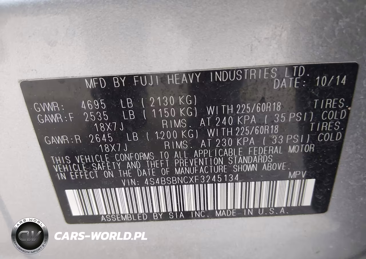 2015 Subaru Outback 2.5I Limited VIN:4S4BSBNCXF3245134 - 9